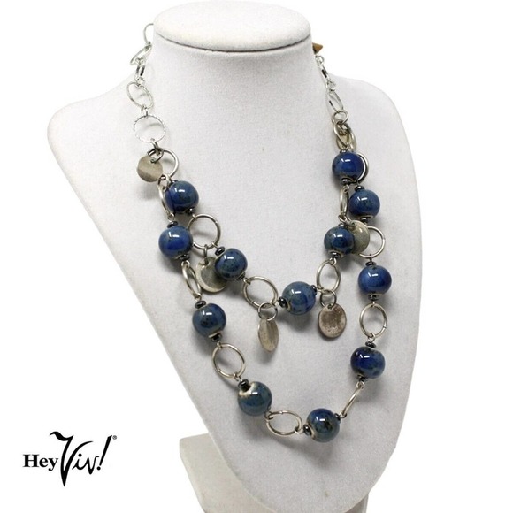 Vintage Double Strand Necklace w Circle Pieces & Blue Green Beads 21" - Hey Viv - Picture 3 of 4